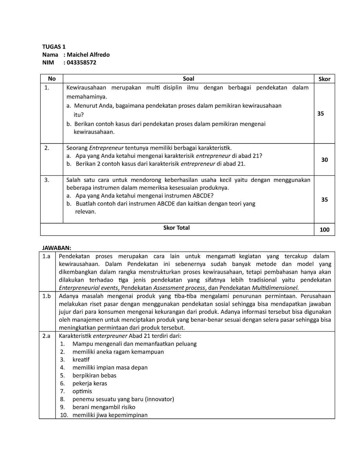Tugas 1 Kewirausahaan - TUGAS 1 Nama : Maichel Alfredo NIM : 043358572 ...