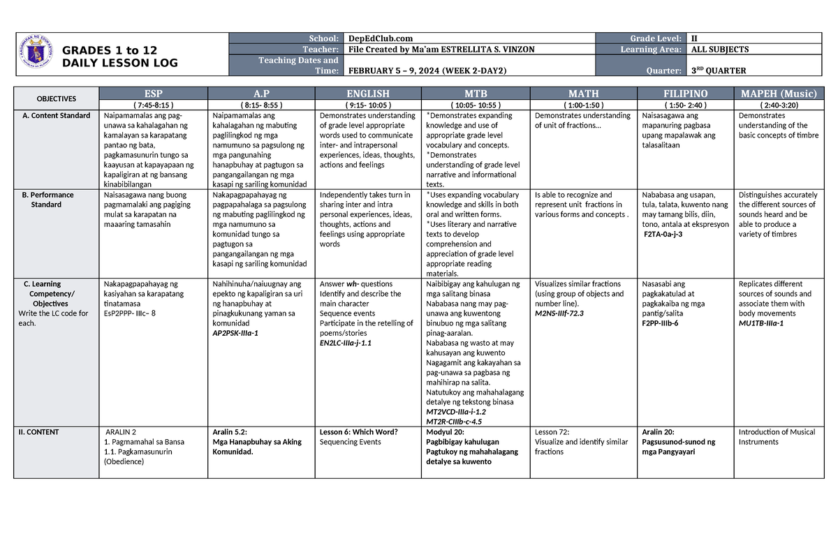 DLL ALL Subjects 2 Q3 W2 D2 - GRADES 1 To 12 DAILY LESSON LOG School ...