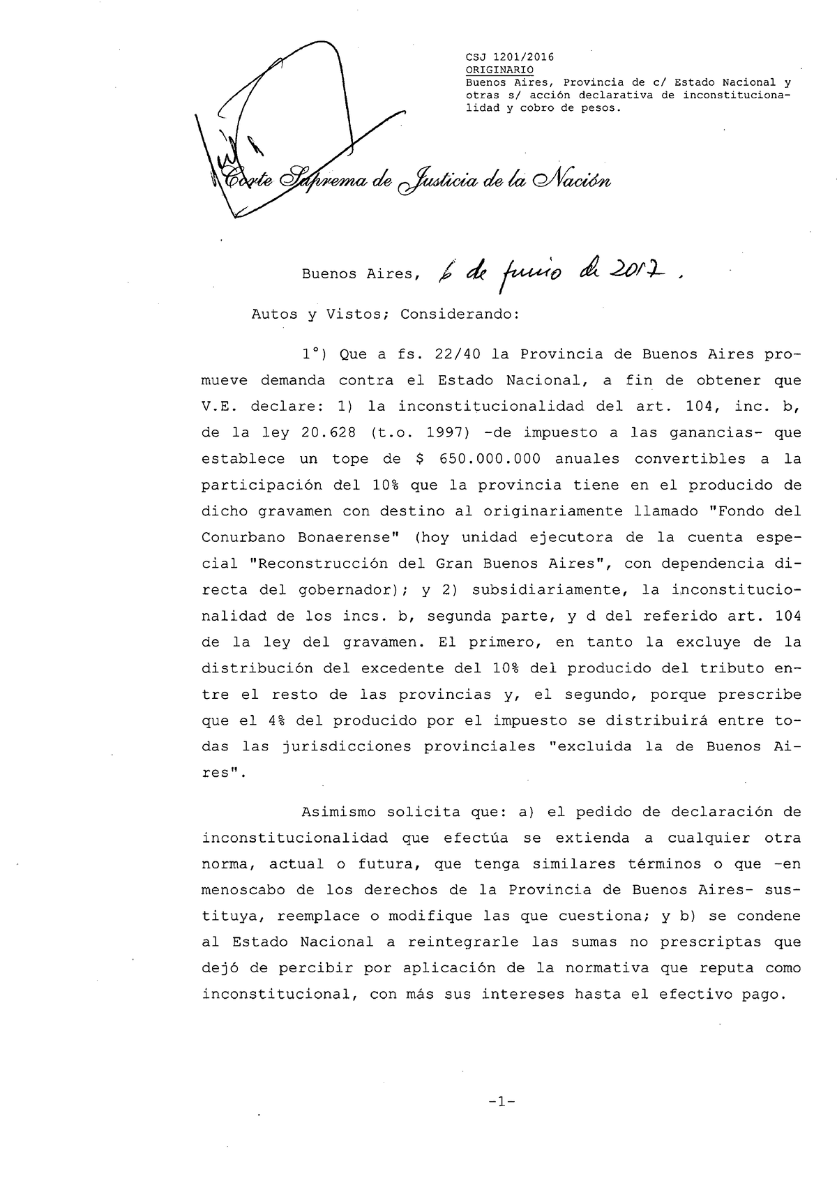 Fallo Buenos Aires, Provincia DE C Estado Nacional Y Otras S Acción ...