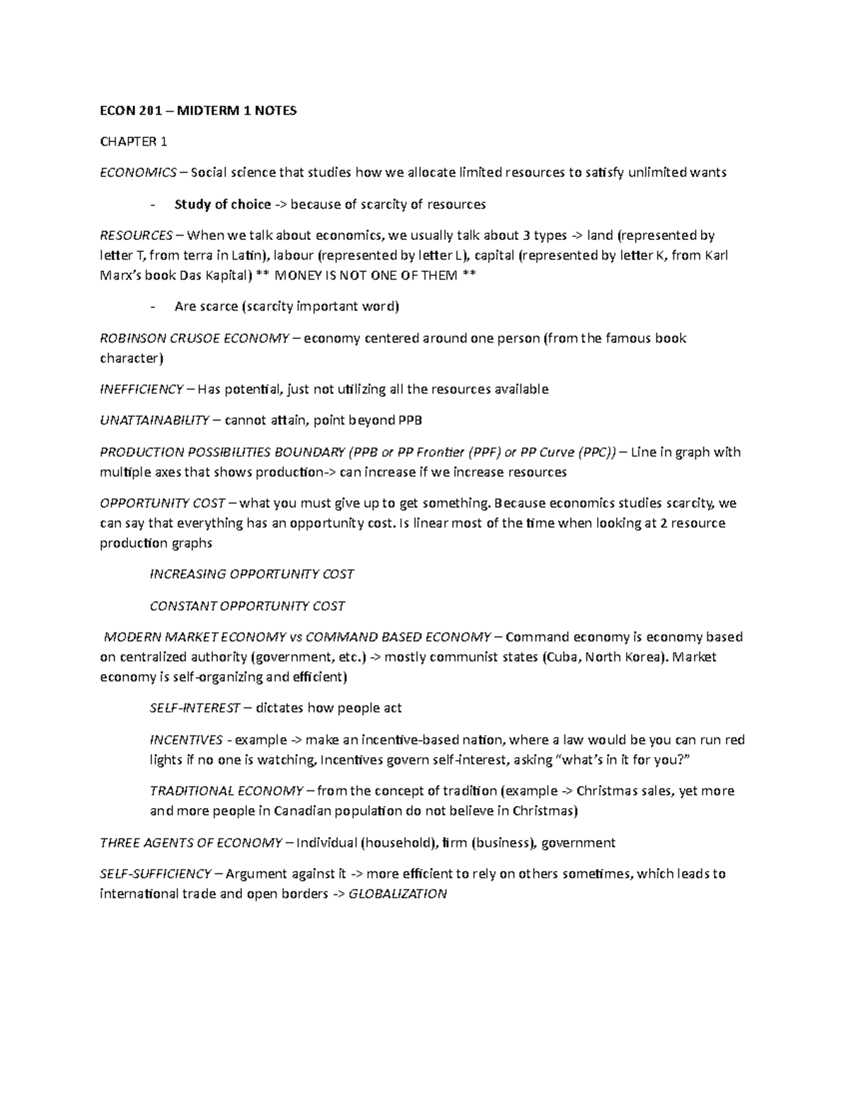 ECON 201 - PRE MIDTERM 1 NOTES - ECON 201 – MIDTERM 1 NOTES CHAPTER 1 ...