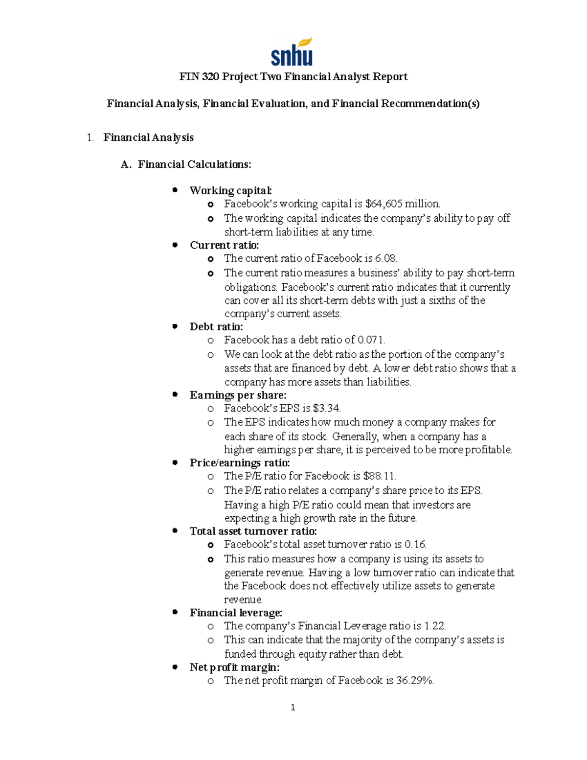 FIN 320 Project Two Financial Analyst Report - Financial Calculations ...