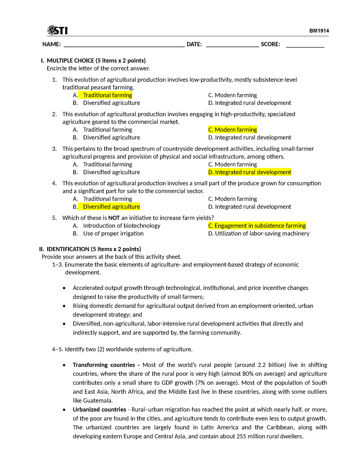 09 Quiz 1(4) econ - economic development quiz - BM I. MULTIPLE CHOICE ...