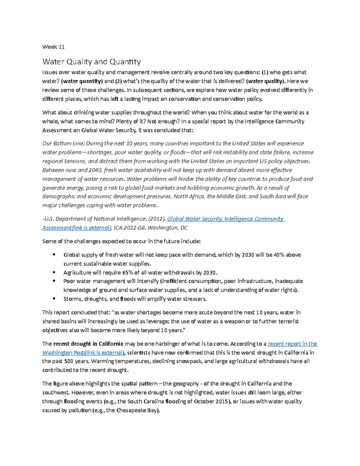 GEOG 1N week 11 Lesson 11 notes Week 11 Water Quality and Quantity