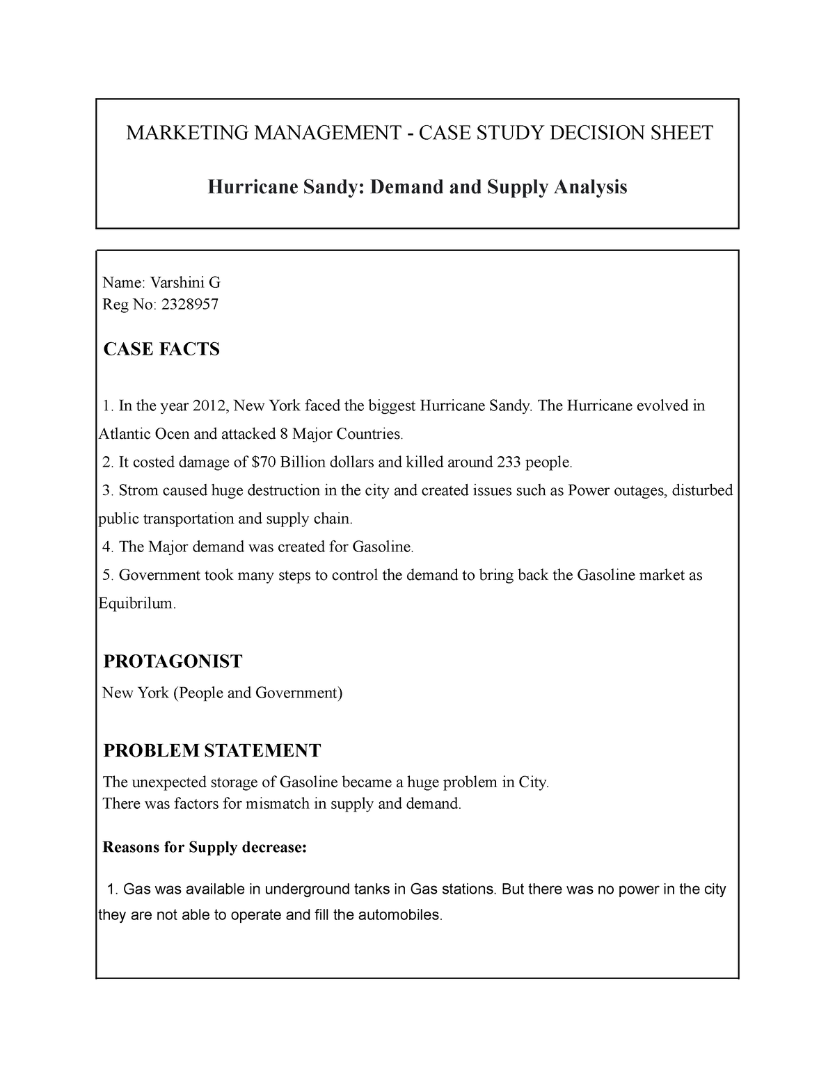 hurricane sandy case study decision sheet