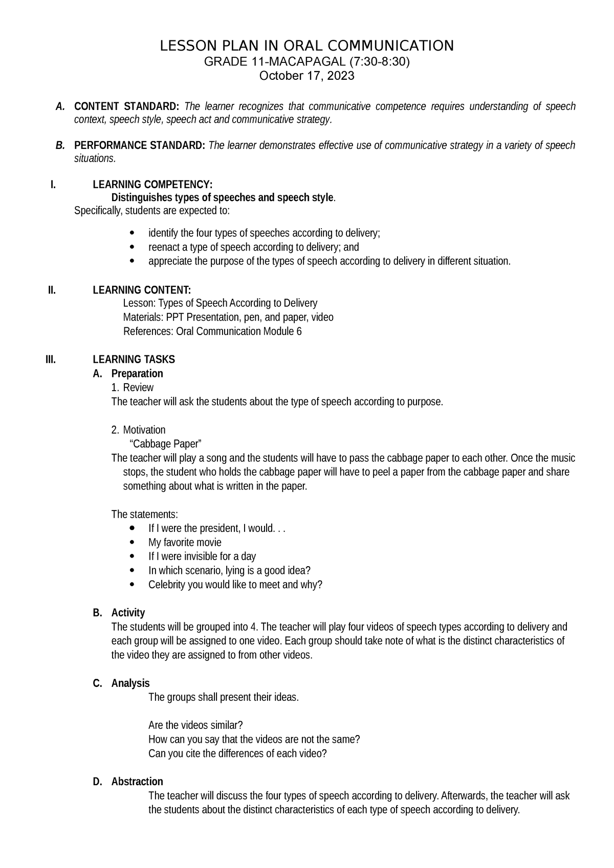 Lesson PLAN IN ORAL Communication - LESSON PLAN IN ORAL COMMUNICATION ...