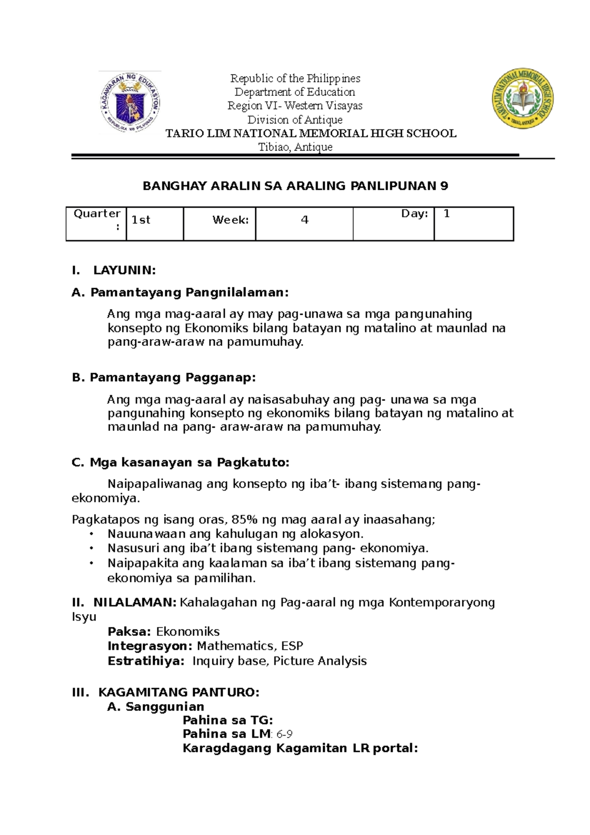 Lesson Plan Cot 1st Quarter Republic Of The Philippines Department Of Education Region Vi 0861