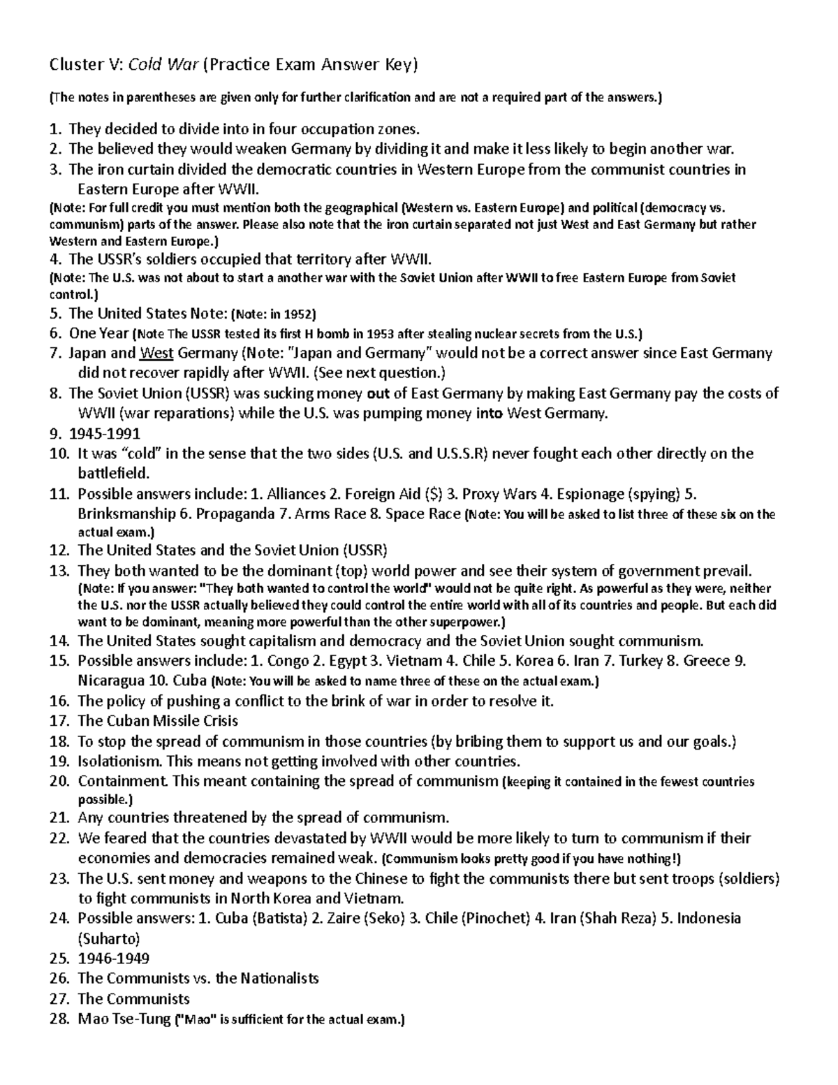 Cold War Review Sheet Answers