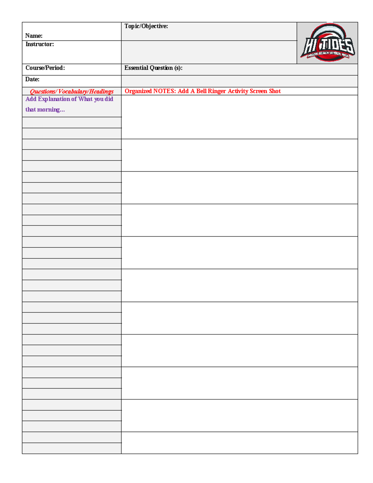 CAA Bell-Ringer Activity Log - Name: Topic/Objective: Instructor ...