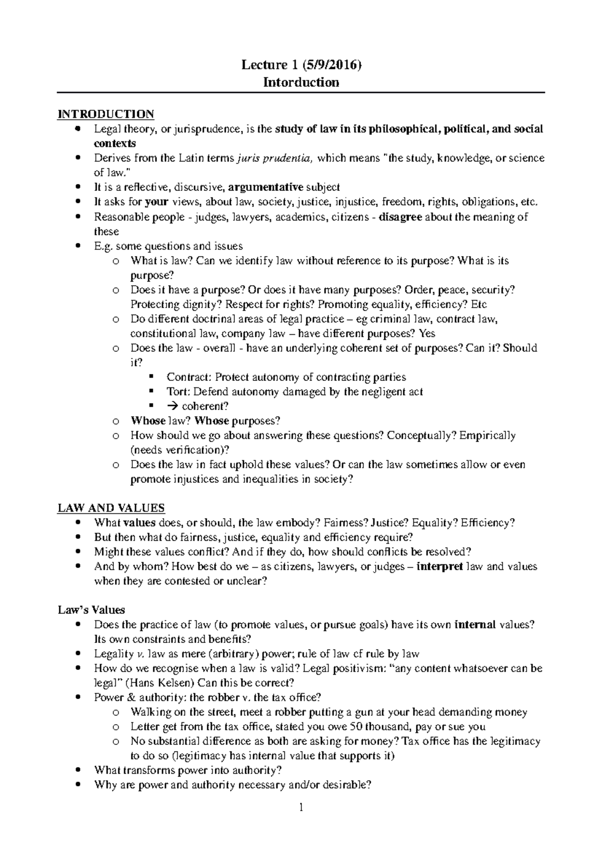1 Law and Politics Notes - Lecture 1 Intorduction INTRODUCTION Legal ...