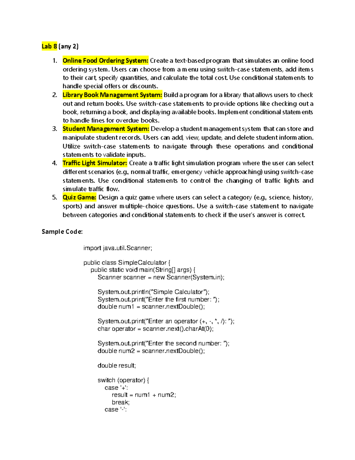 Lab 9 - OOP Lab - Lab 8 (any 2 ) 1. Online Food Ordering System: Create ...