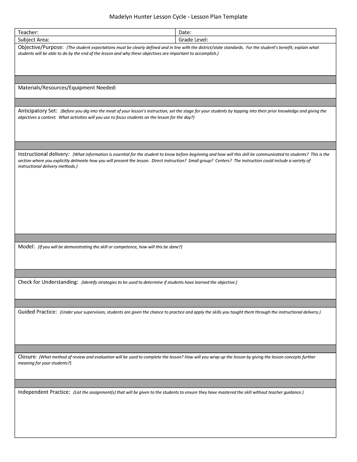 Teacher Res Madelyn Hunter Lesson Cycle Lesson Plan Template - Madelyn ...