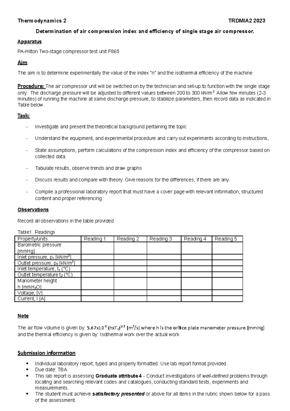 Compressor experiment handout23 Thermodynamics 2 TRDMIA2 2023