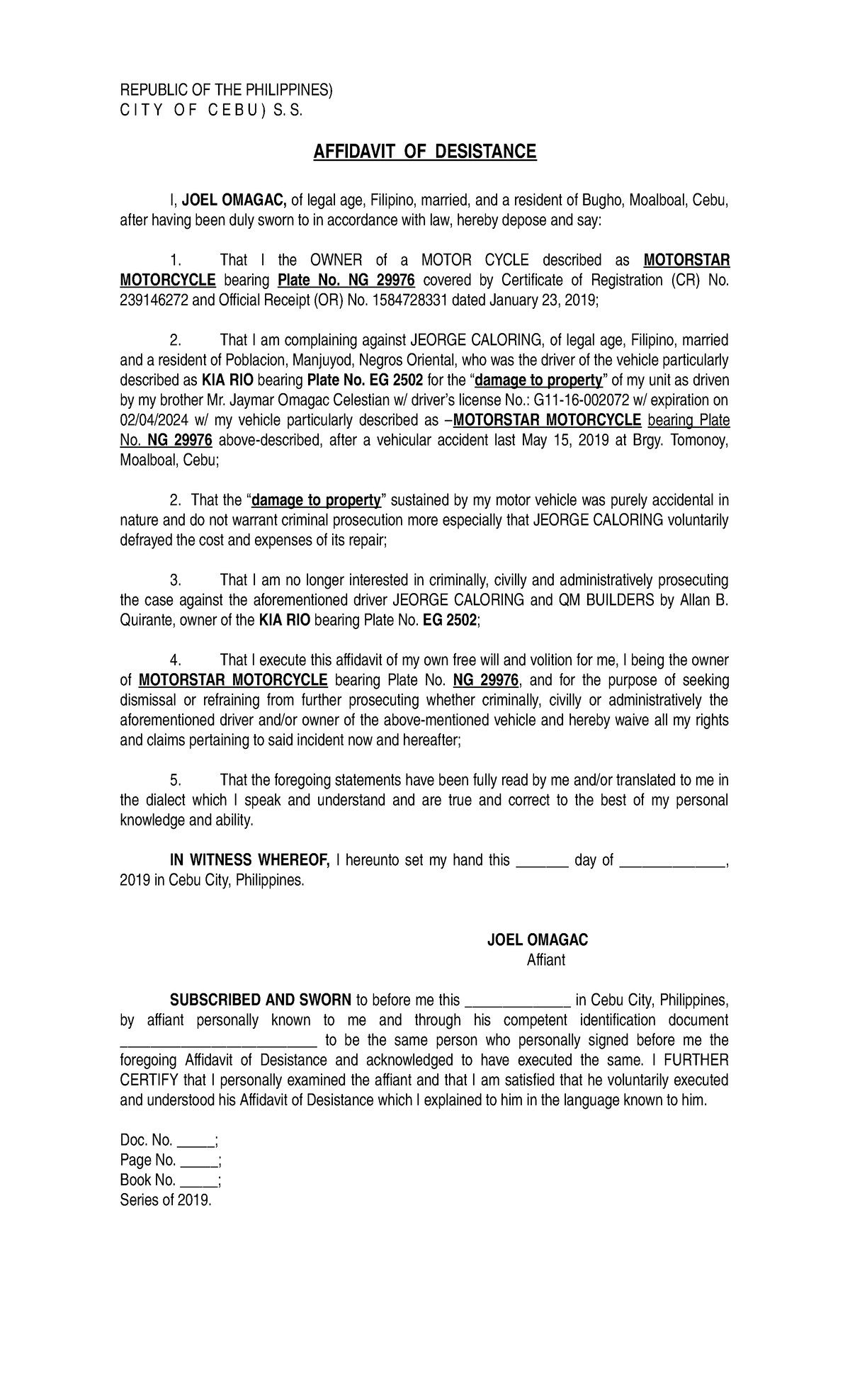 Affidavit of Desistance Joel Omagac - REPUBLIC OF THE PHILIPPINES) C I ...