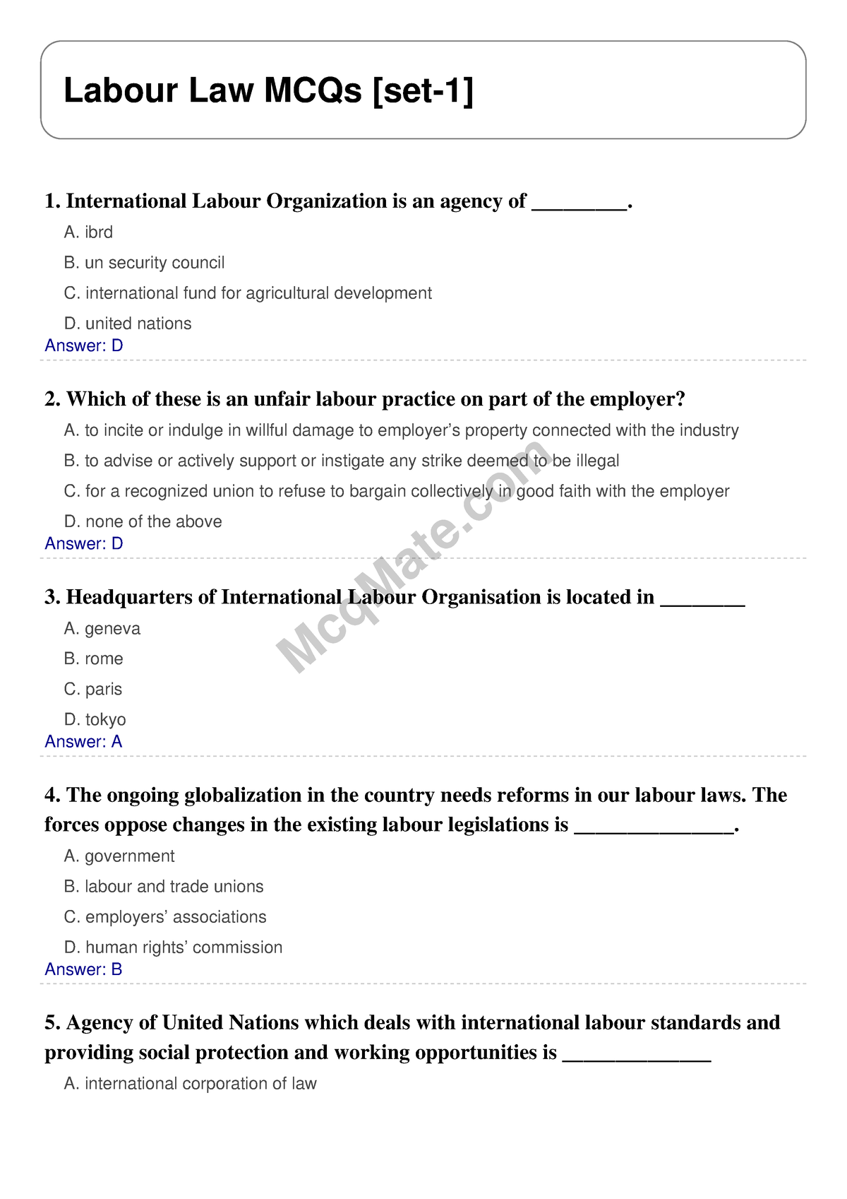 Labour Law Solved MCQs [set-1] Mcq Mate.com - McqMate Labour Law MCQs ...