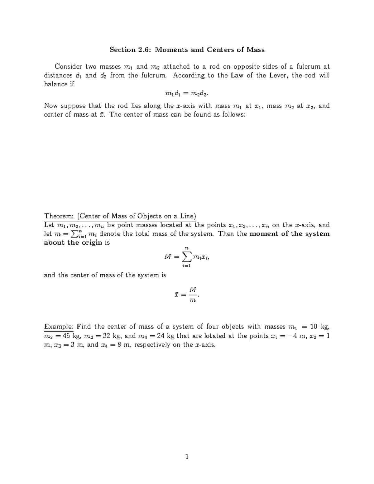 Section 2 - fff - Section 2: Moments and Centers of Mass Consider two ...