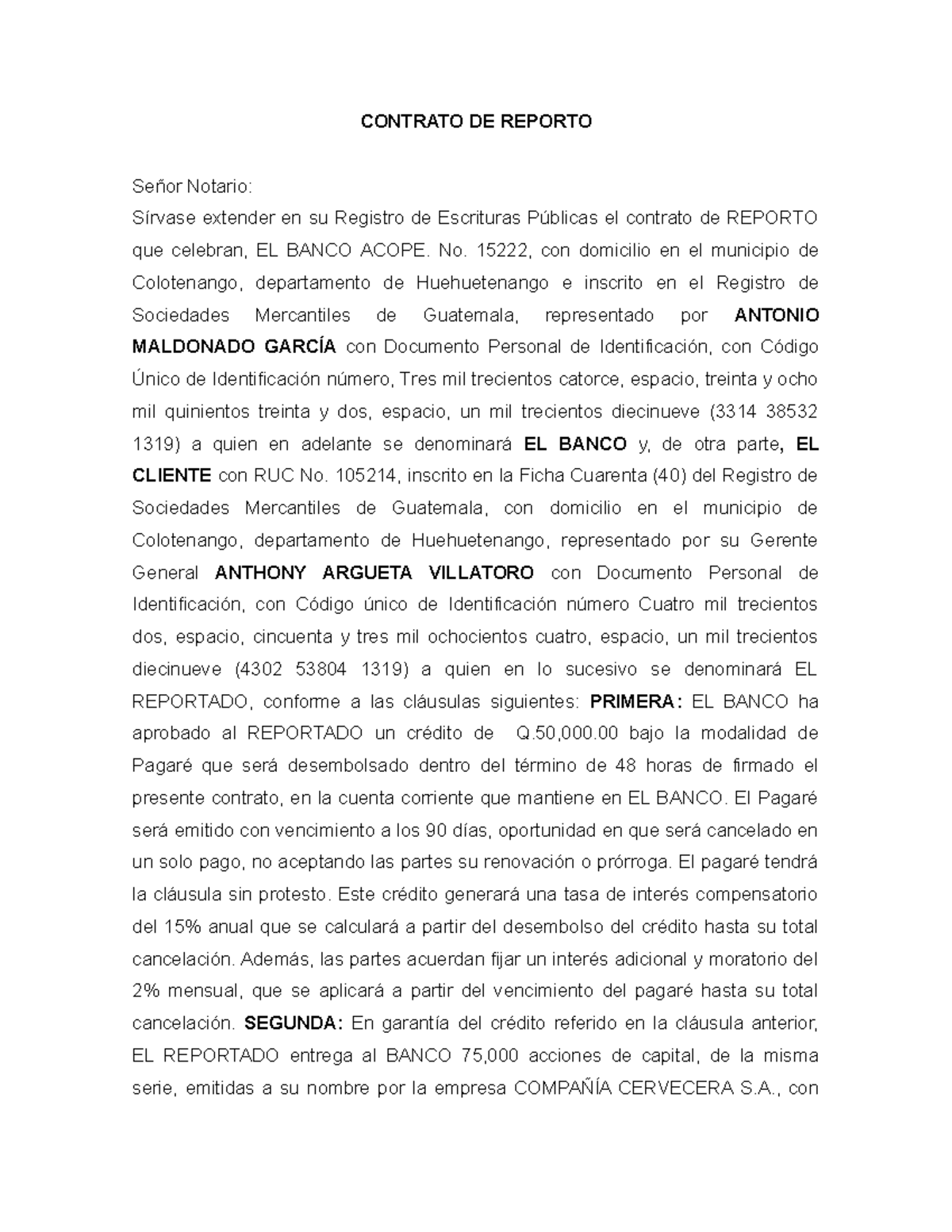 Contrato DE Reporto - Tarea - CONTRATO DE REPORTO Señor Notario ...