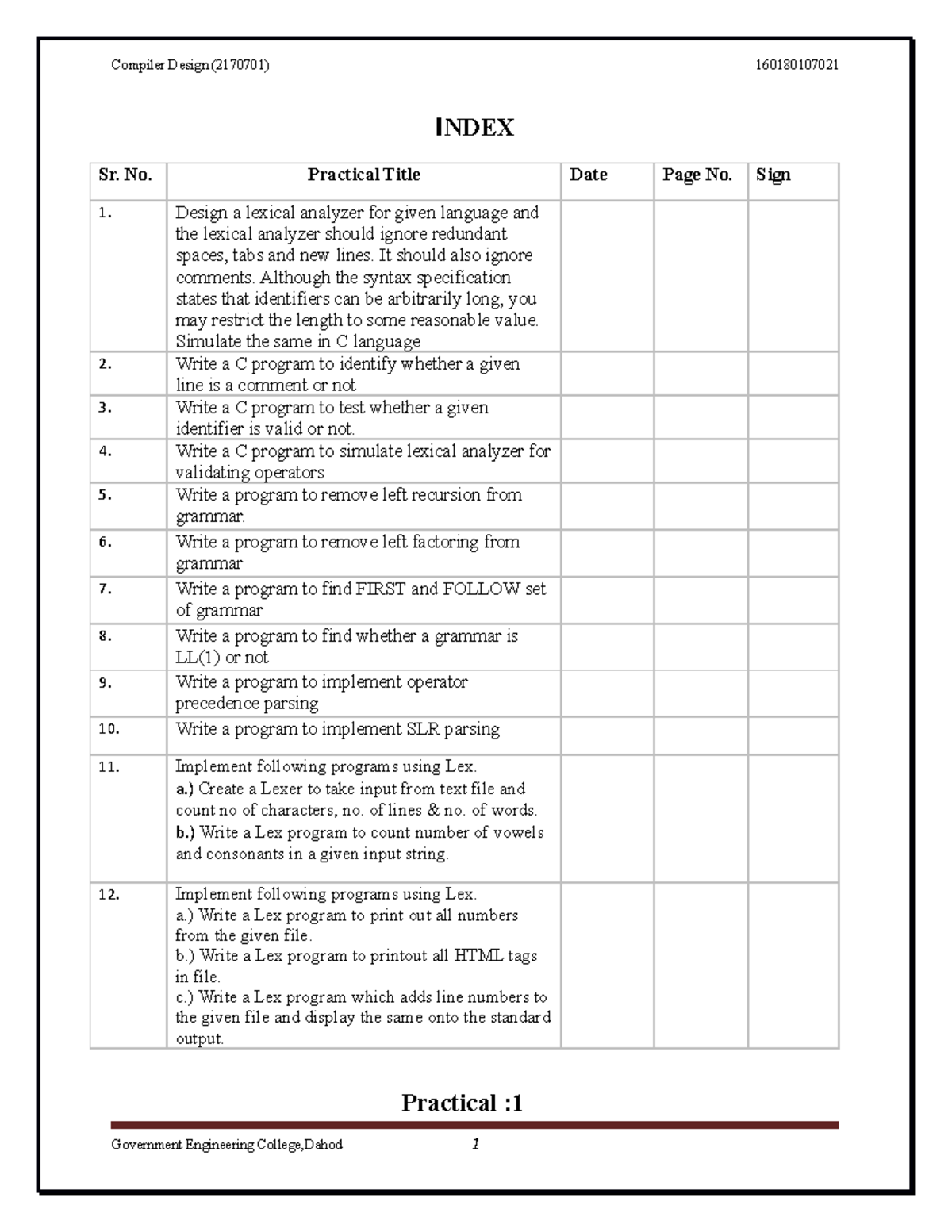 Cdprac Lab Manuals INDEX Sr. No. Practical Title Date Page No. Sign Design a lexical
