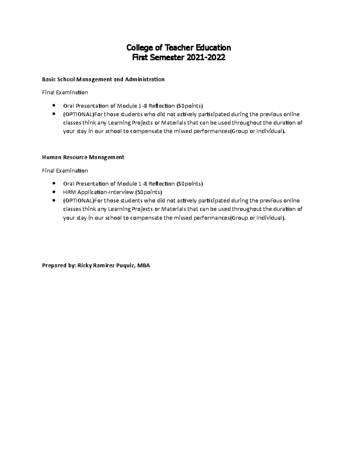 Module 8 HRM and BSMA ASSIGNMENT College of Teacher Education First