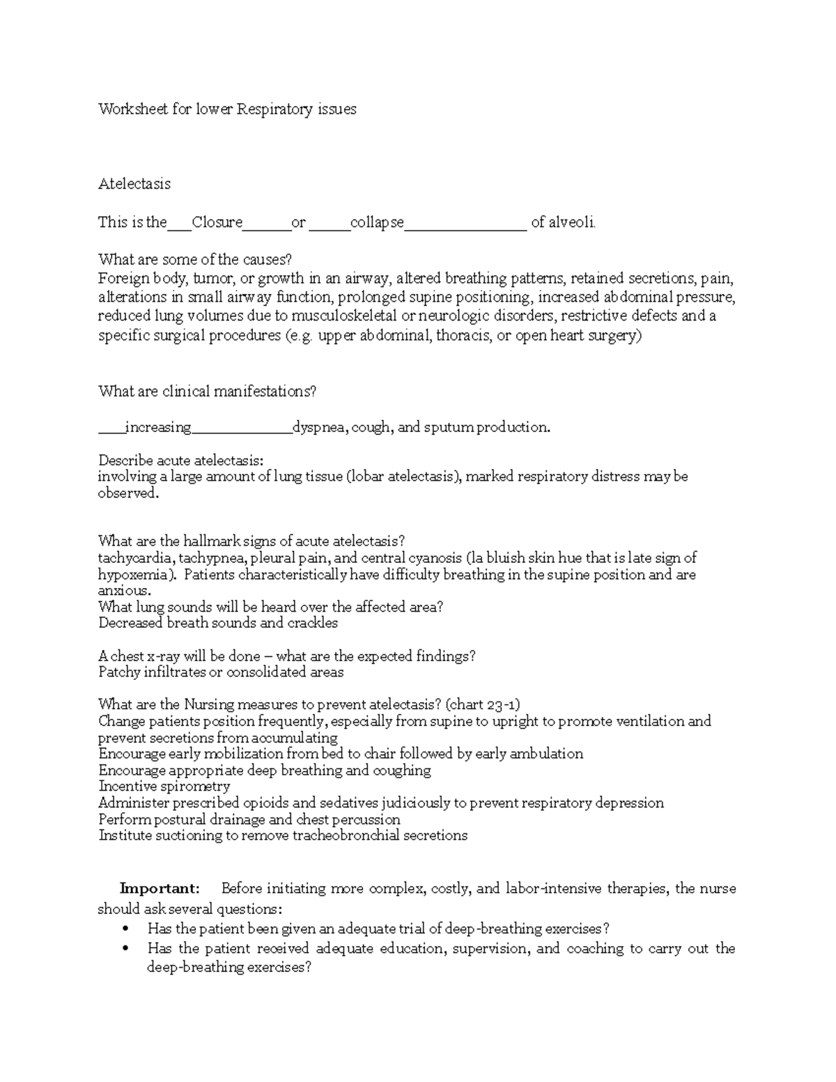 Worksheet for lower Respiratory issues - Worksheet for lower ...