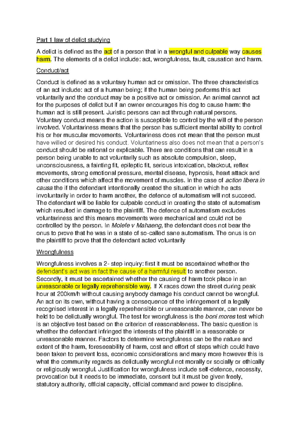 1st Part law of delict - Part 1 law of delict studying A delict is ...