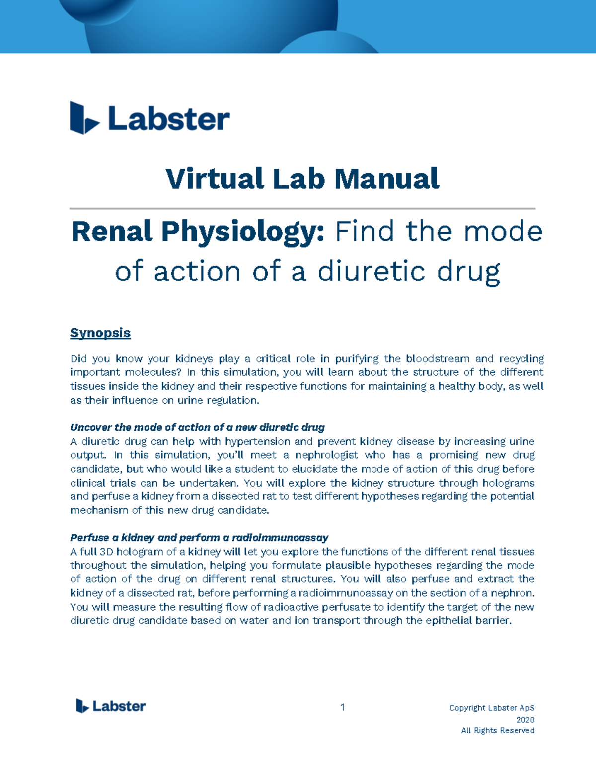 PEE Renal Physiology Find the mode of action of a diuretic drug Lab