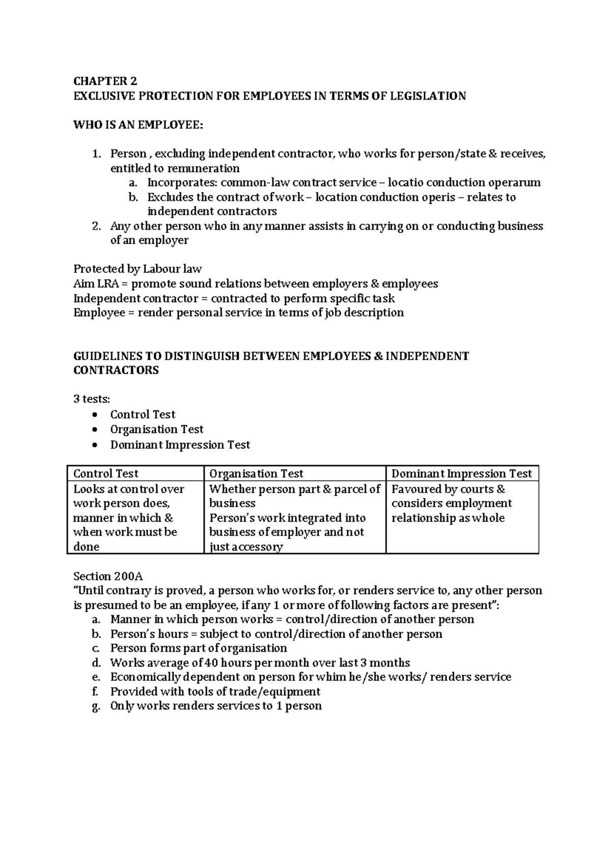 Labour law - summary of book - CHAPTER 2 EXCLUSIVE PROTECTION FOR ...