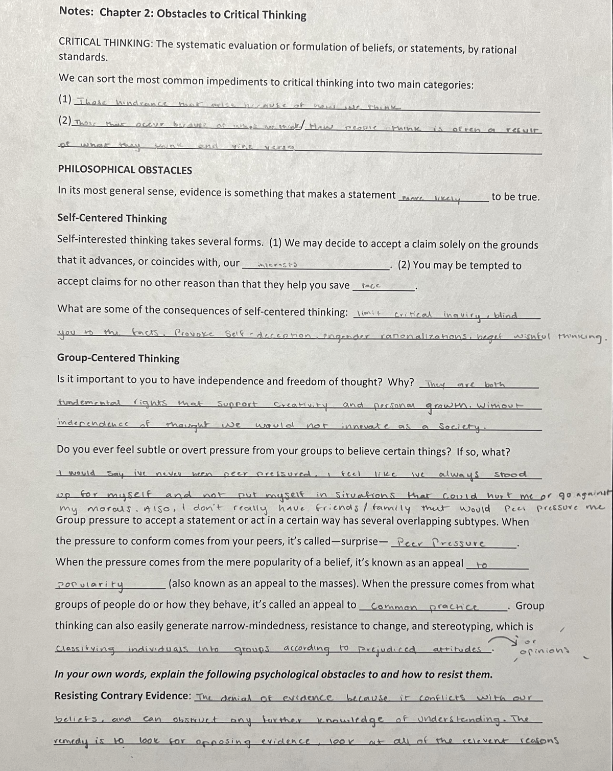 Chapter 2 notes - fill in the blank - PHIL 1010 - Studocu