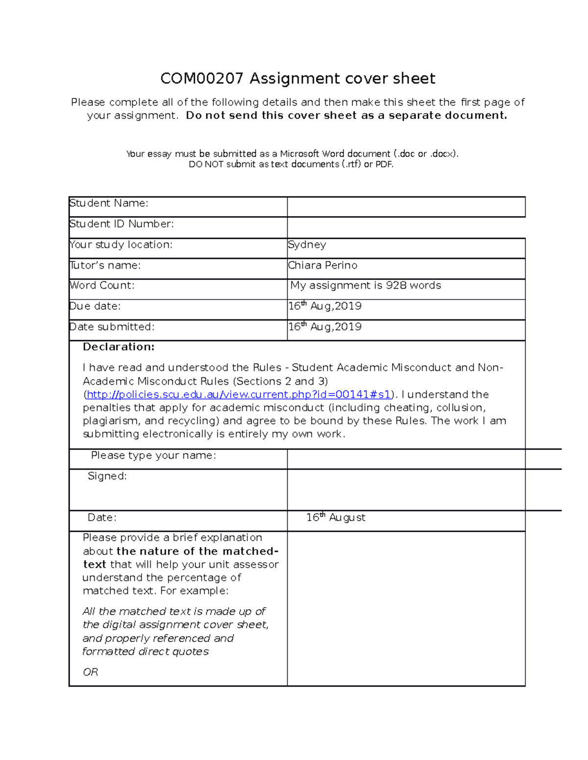 Assignment Do Not Send This Cover Sheet As A Separate Document Your