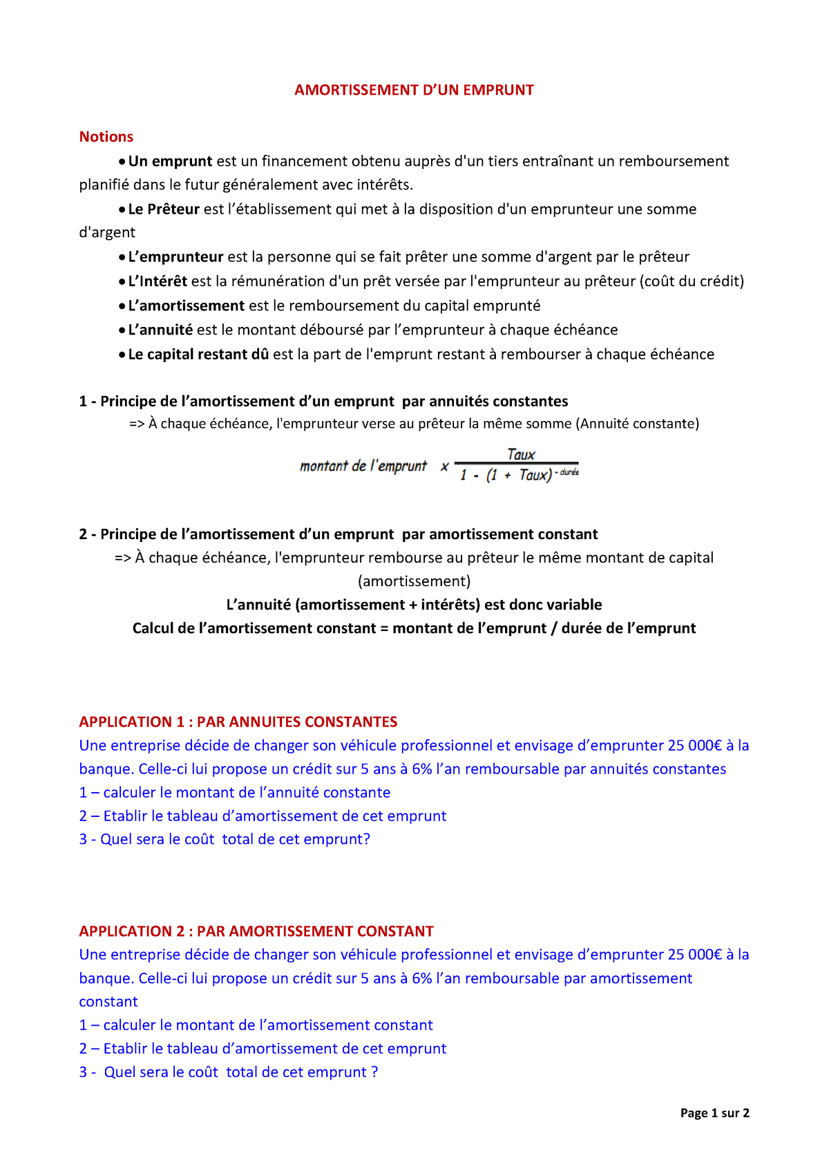 41amortissement Emprunt - Page 1 Sur 2 AMORTISSEMENT D’UN EMPRUNT ...