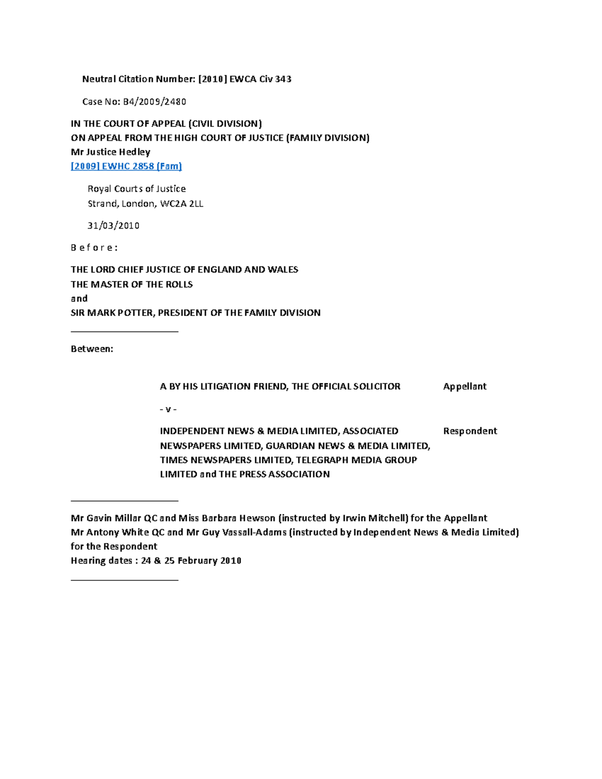 Case note judgement - Neutral Citation Number: [2010] EWCA Civ 343 Case ...