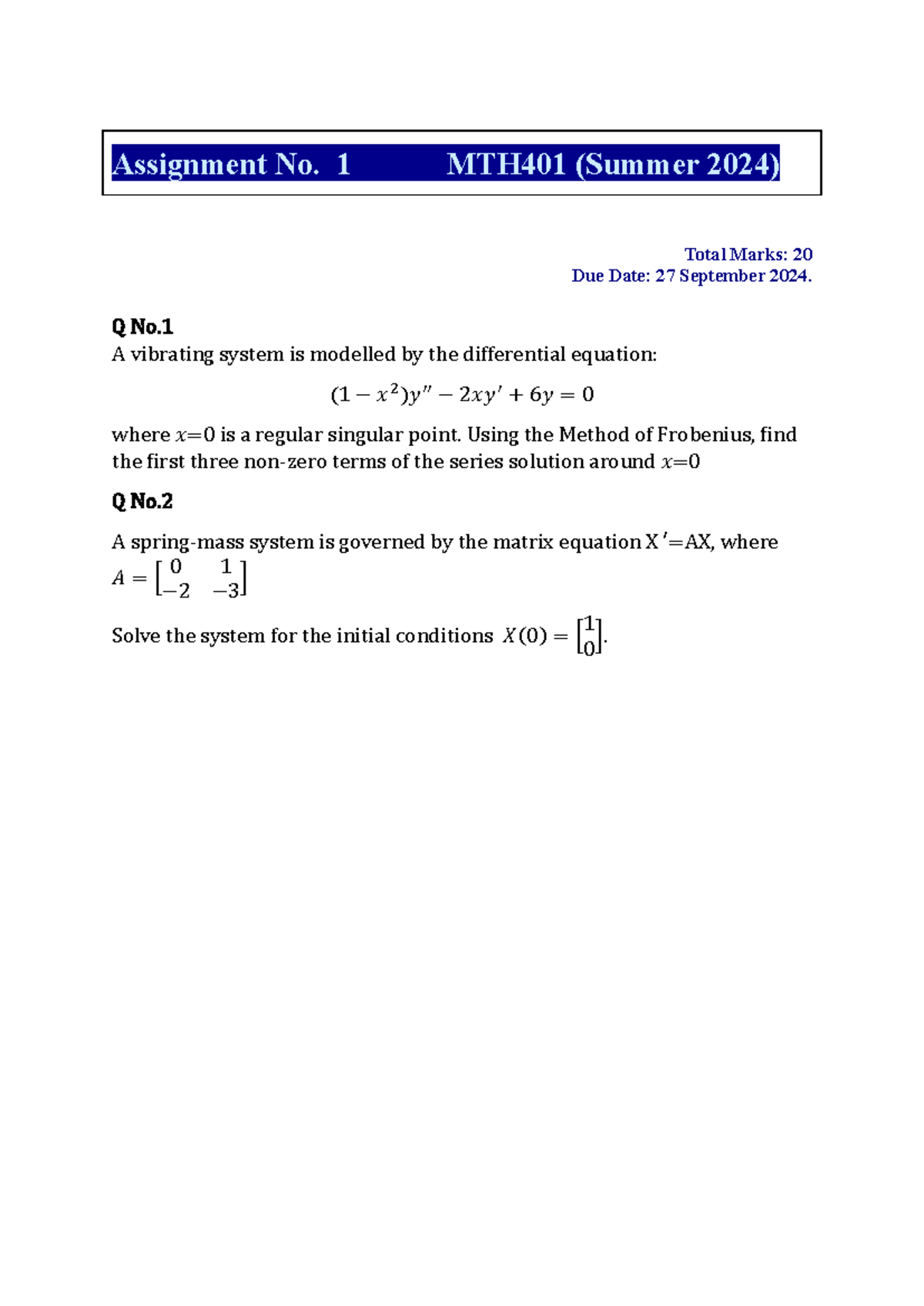 Summer 2024 MTH401 1 - Assignment No. 1 MTH 401 (Summer 2024 ) Total ...