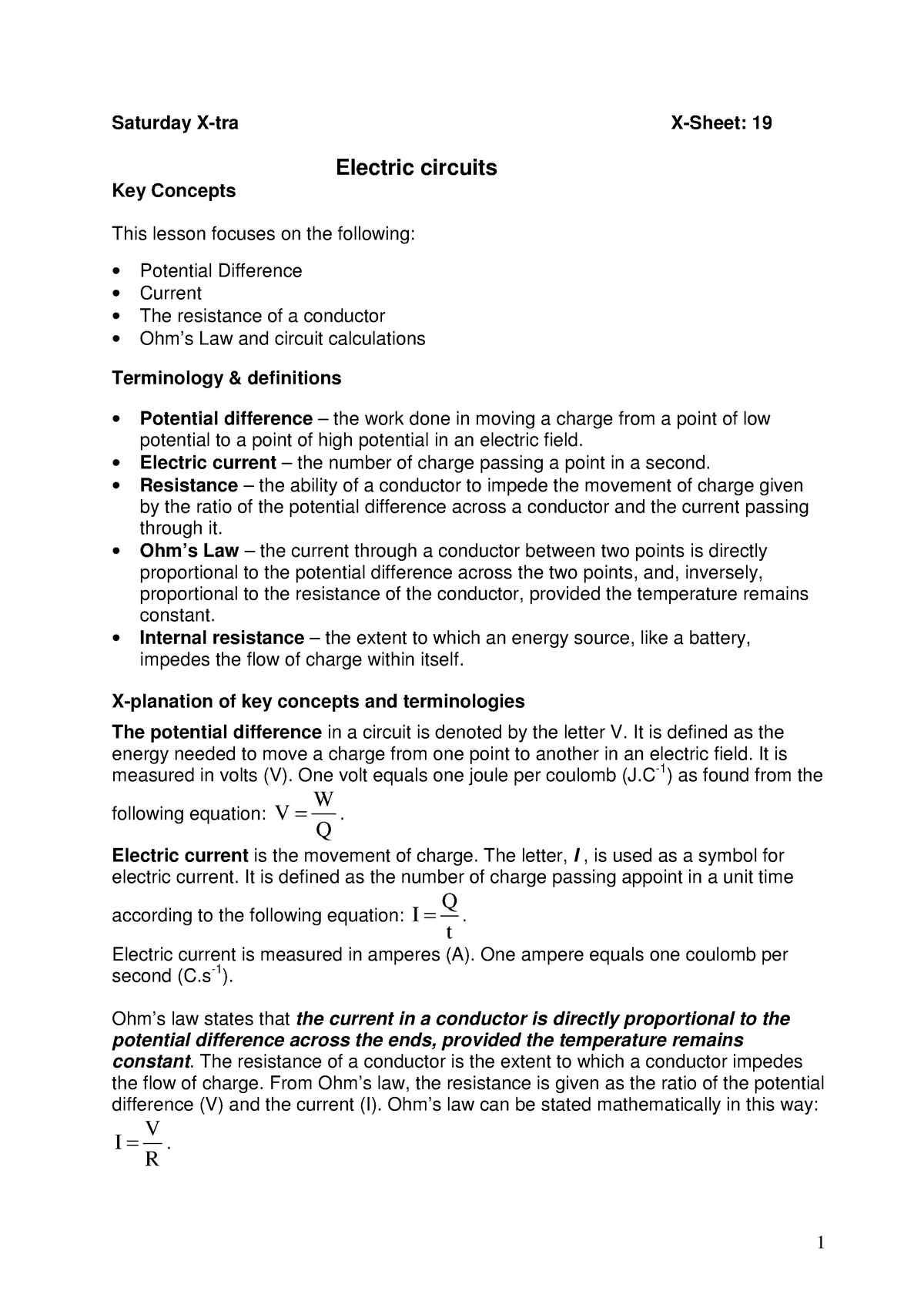 Electric Circuits - Grade 12 PHYSICAL SCIENCES NOTES - Saturday X-tra X ...