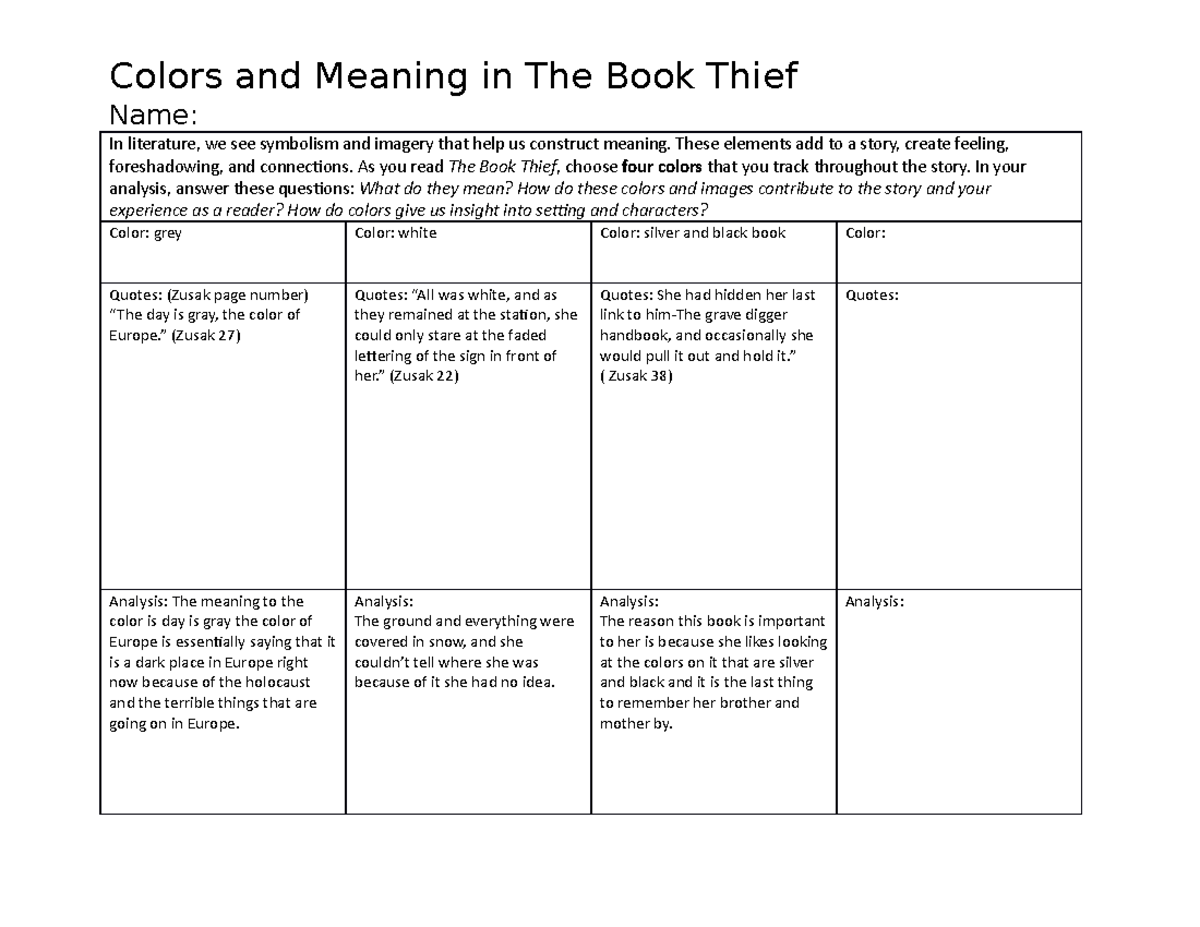 Colors and Meaning in Literature and The Book Thief Studocu