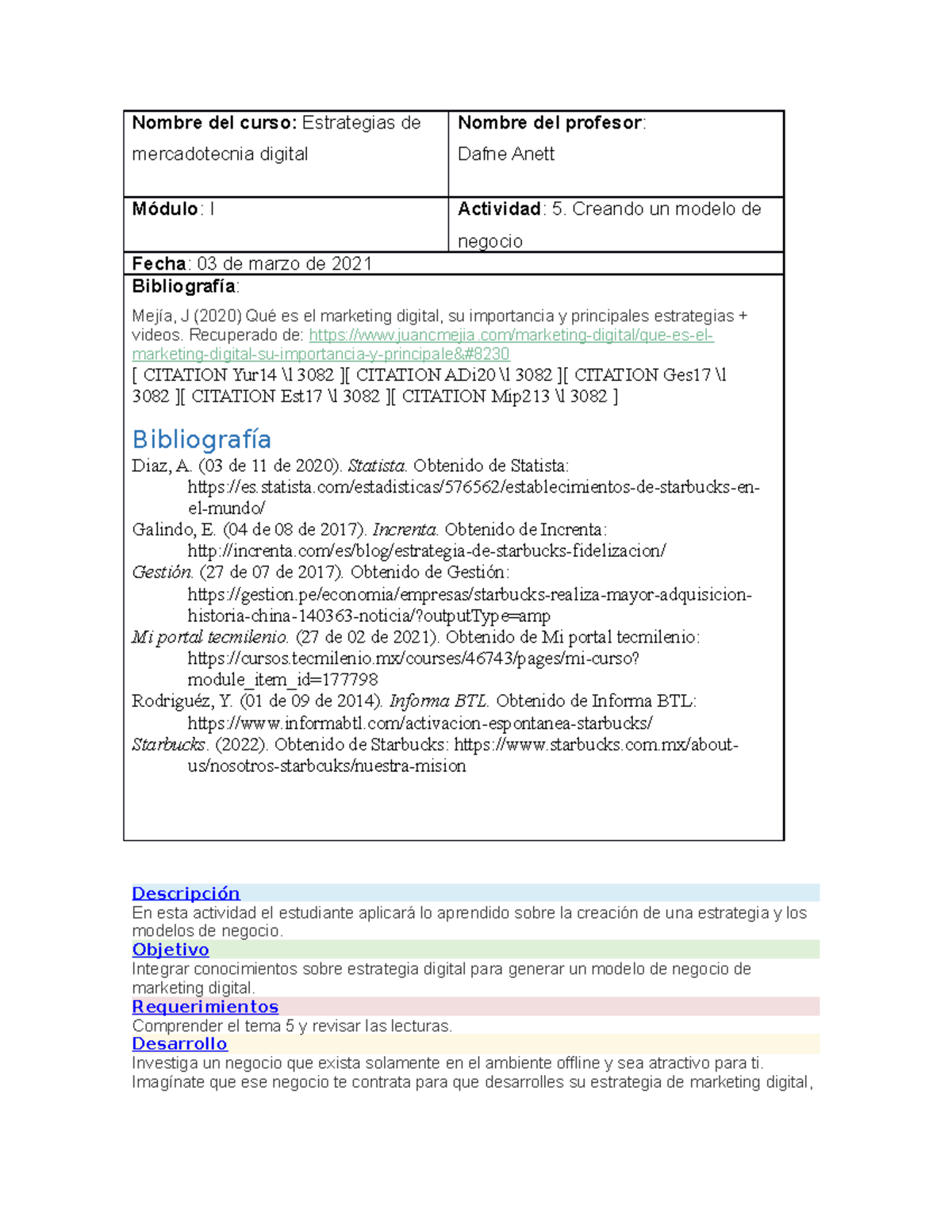 Estrategias de mercadotecnia digital actividad 5 - Nombre del curso ...