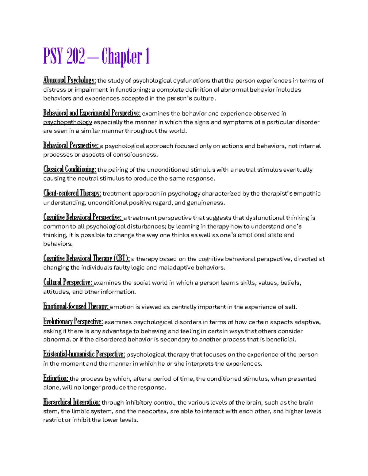 Chapter 1 Terms - PSY 202 – Chapter 1 Abnormal Psychology: the study of ...