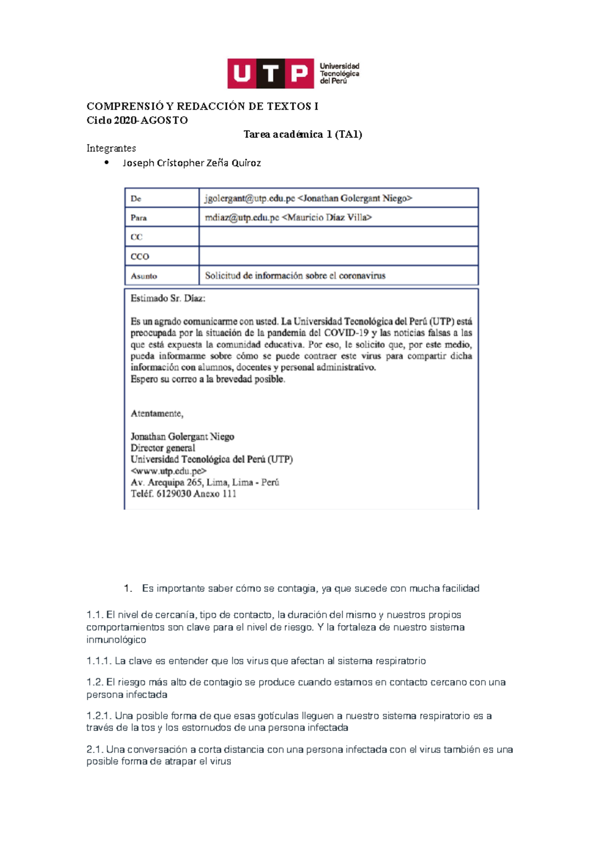 Trabajo 1 2 Ciclo Comprensi Redacci De Textos Ciclo Agosto Tarea Acad Mica Ta1 Integrantes Joseph Cristopher Ze Quiroz Es Importante Saber Mo Se Studocu