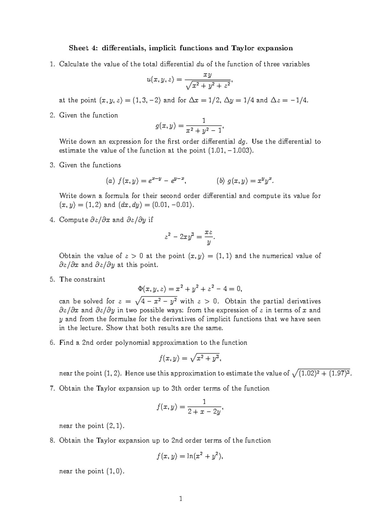 Math Tutorial Sheet Differentials Implicit Functions And Taylor Expansion Calculate