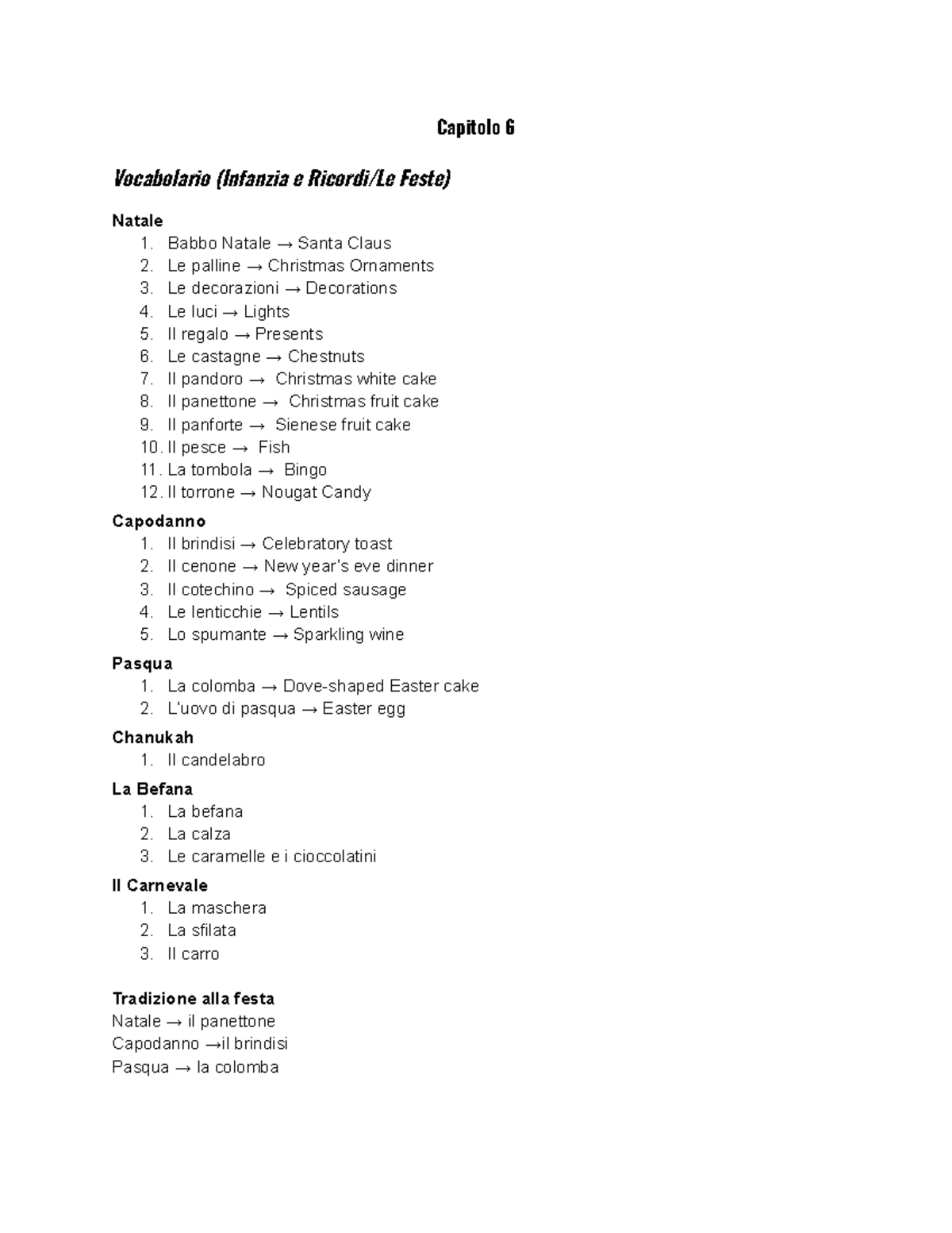 Italiano Capitolo 6 - Summary of Chapter 6 of textbook used in class ...