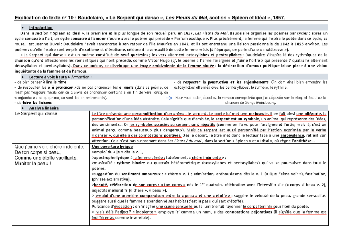 Le Serpent Qui Danse Analyse Linéaire Pdf Le serp 1 - analisy serp - Explication de texte n° 10 : Baudelaire, « Le  Serpent qui danse », Les - Studocu