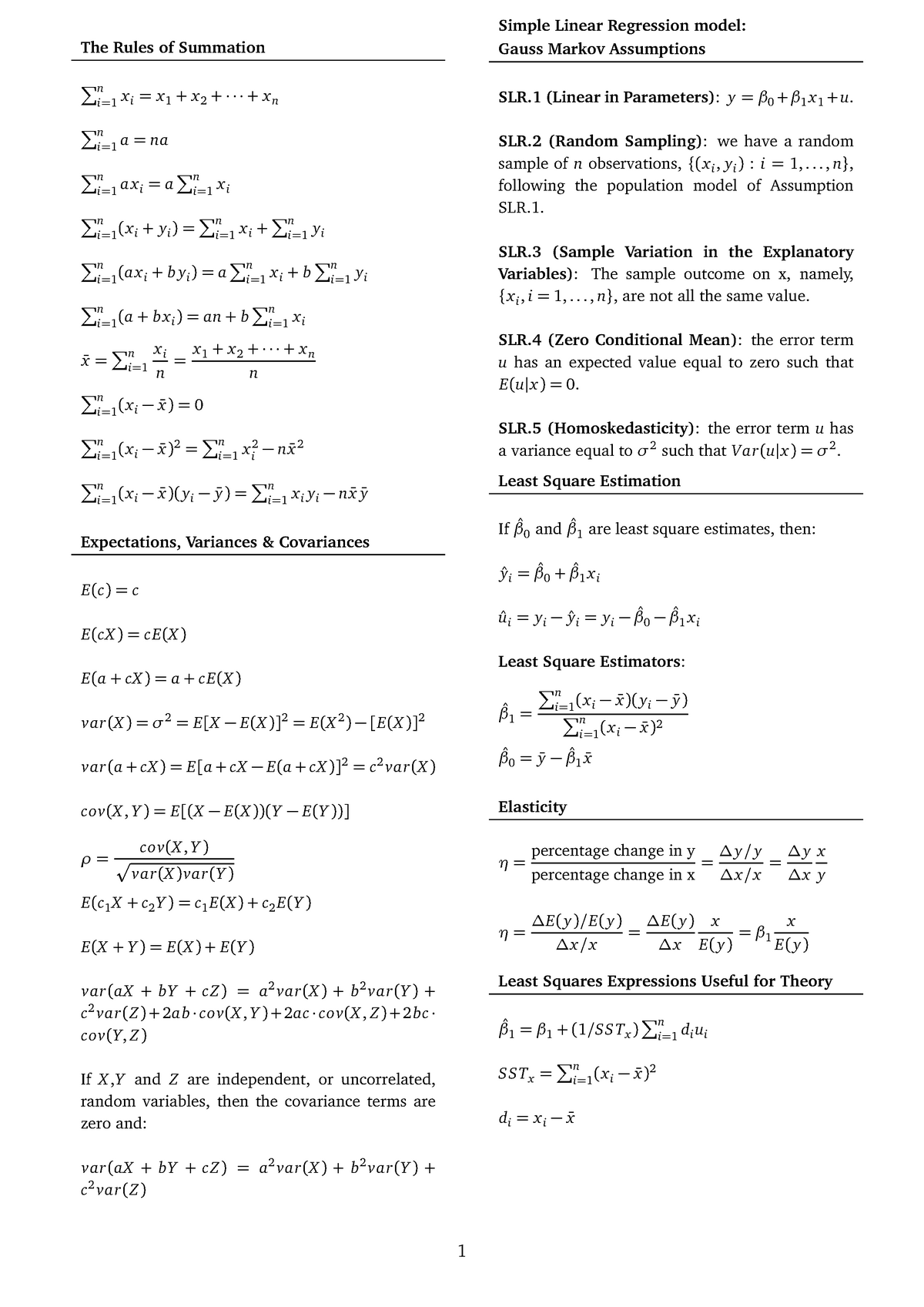 Formula Sheet - The Rules of Summation ∑ n i = 1 xi = x 1 + x 2 ...