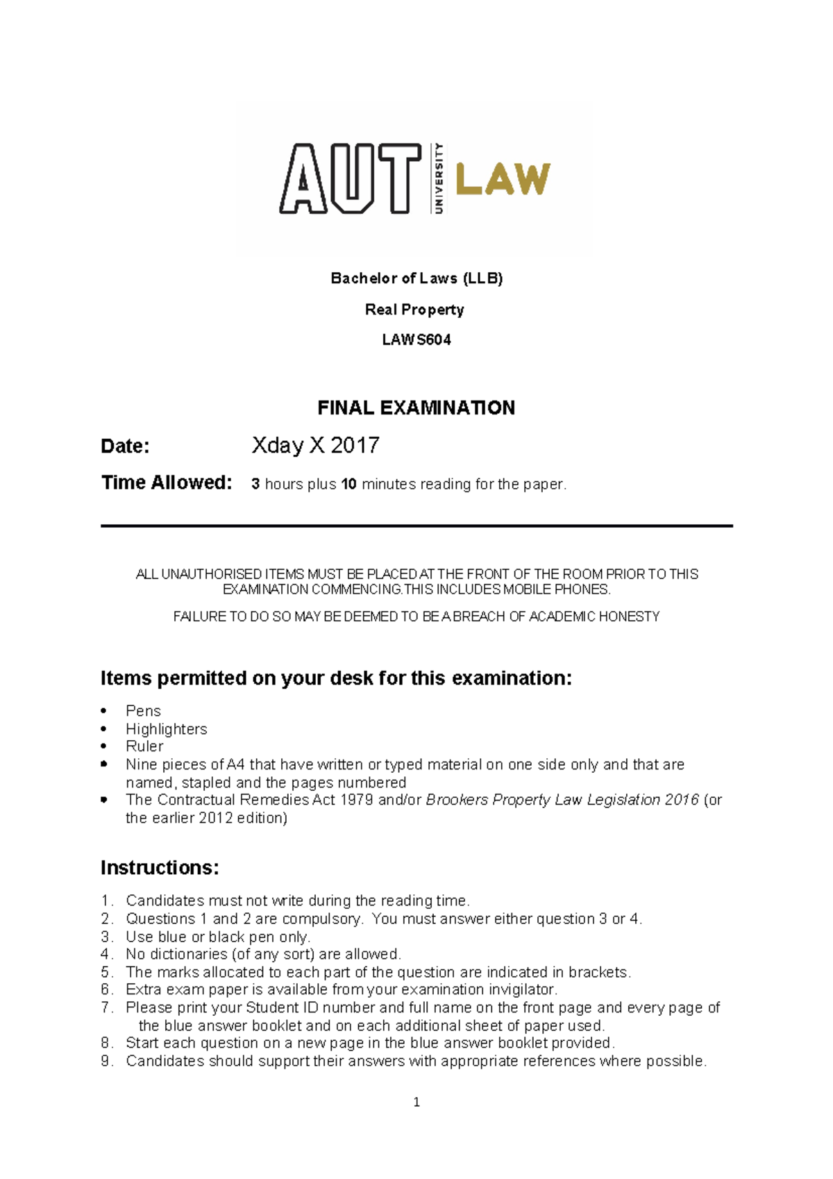 Exam 14 June 2017, questions - Bachelor of Laws (LLB) Real Property ...