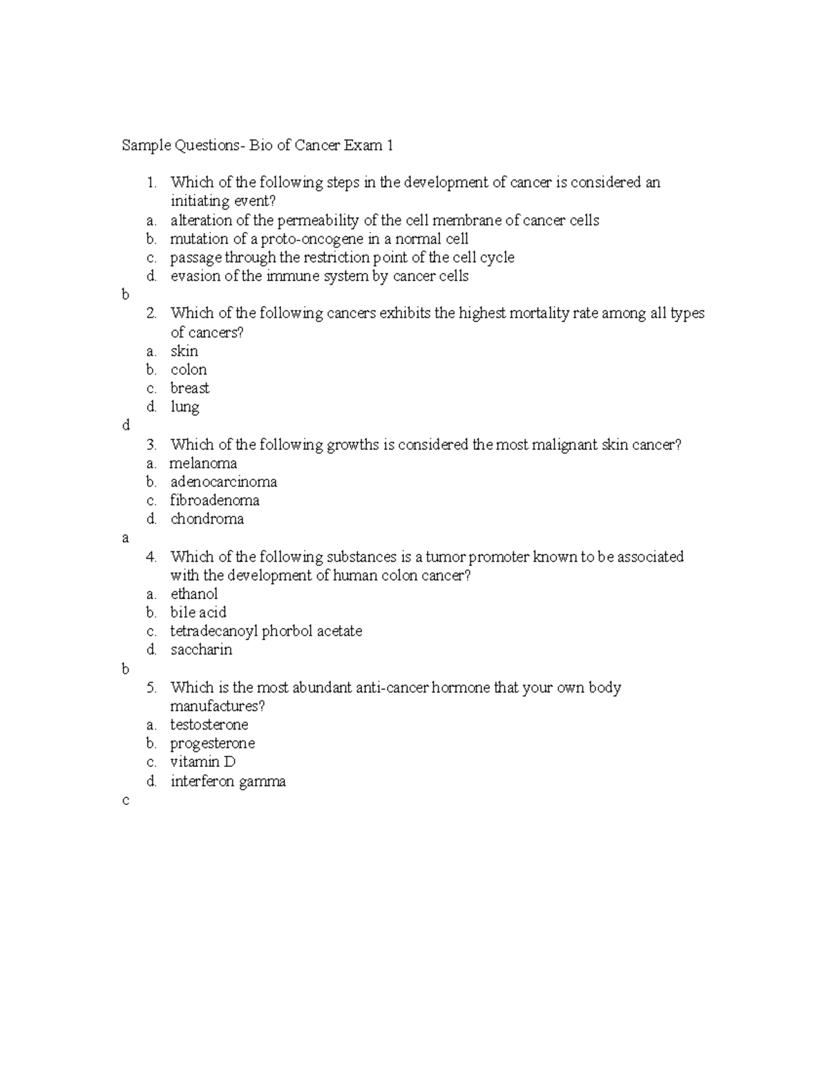 Exam+1+sample+questions - Sample Questions- Bio of Cancer Exam 1 Which ...