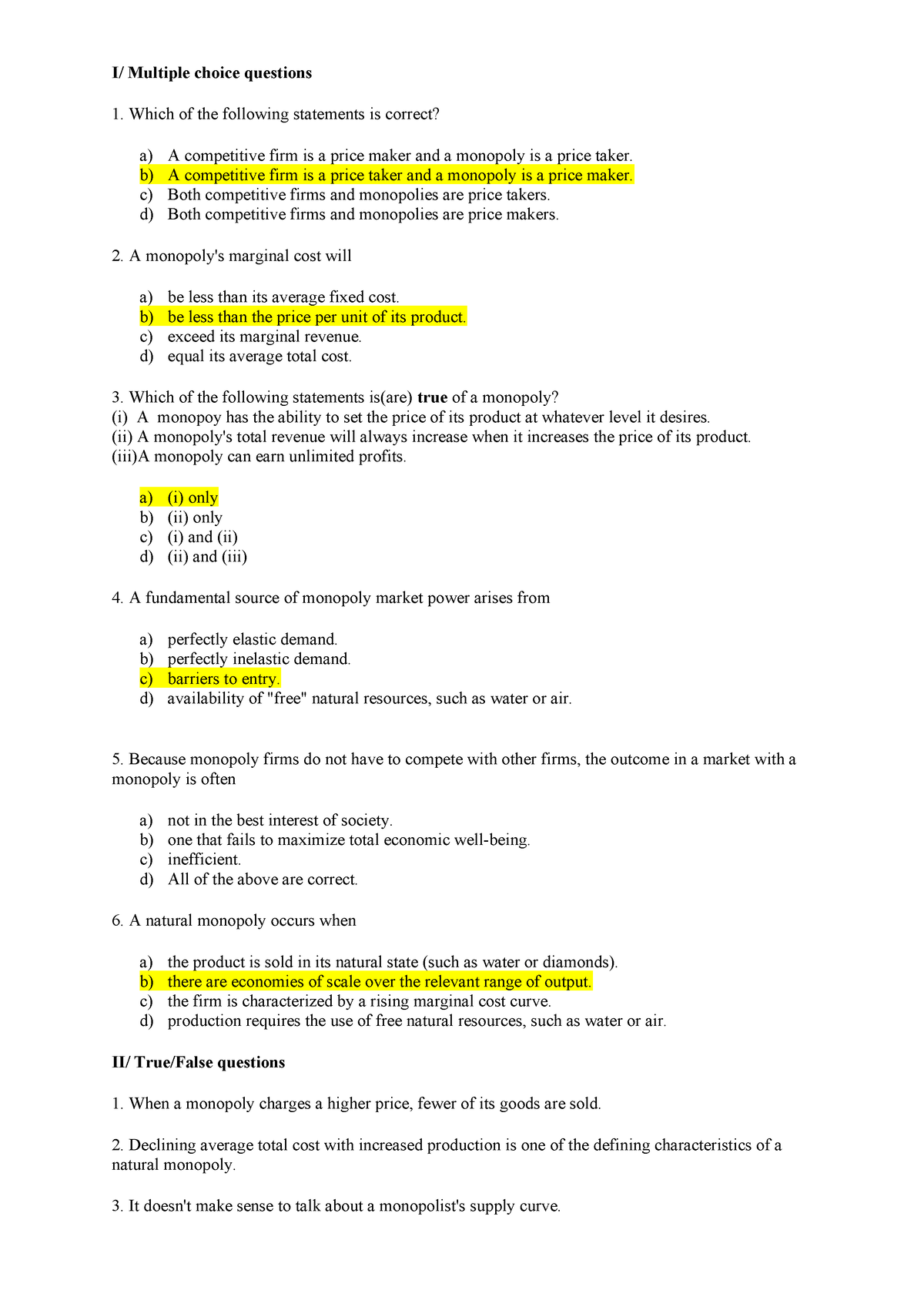 Monopoly - Homework - I/ Multiple Choice Questions Which Of The ...