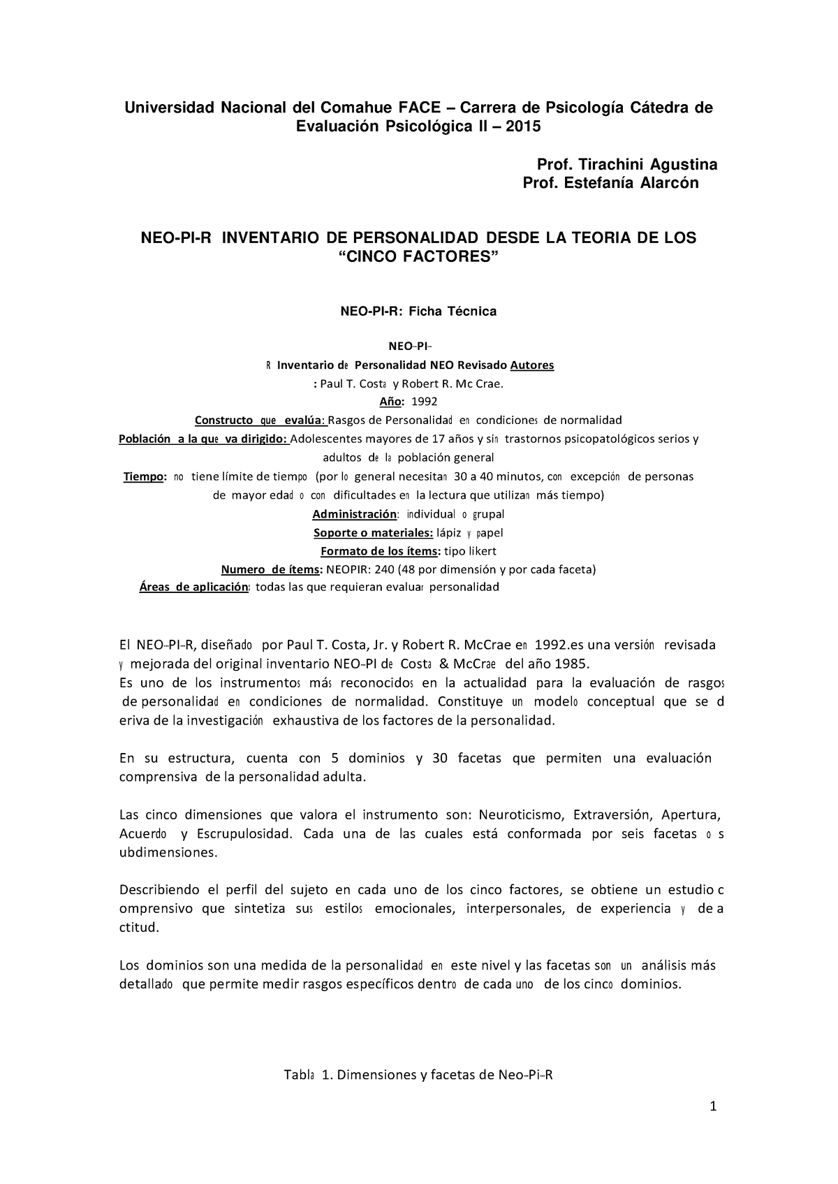 Cuestionario-neo-pi-r compress - Universidad Nacional del Comahue FACE –  Carrera de Psicología - Studocu