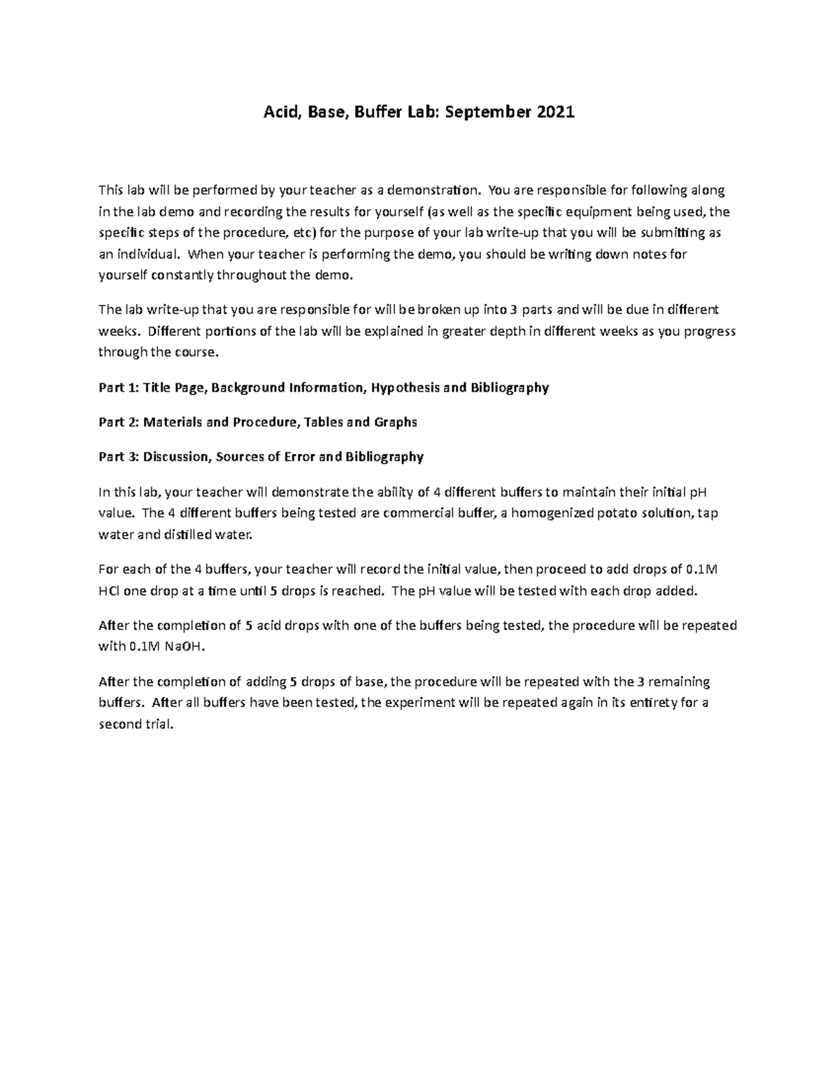 Acid, Base, Buffer Lab Sept 2021 Acid, Base, Buffer Lab September