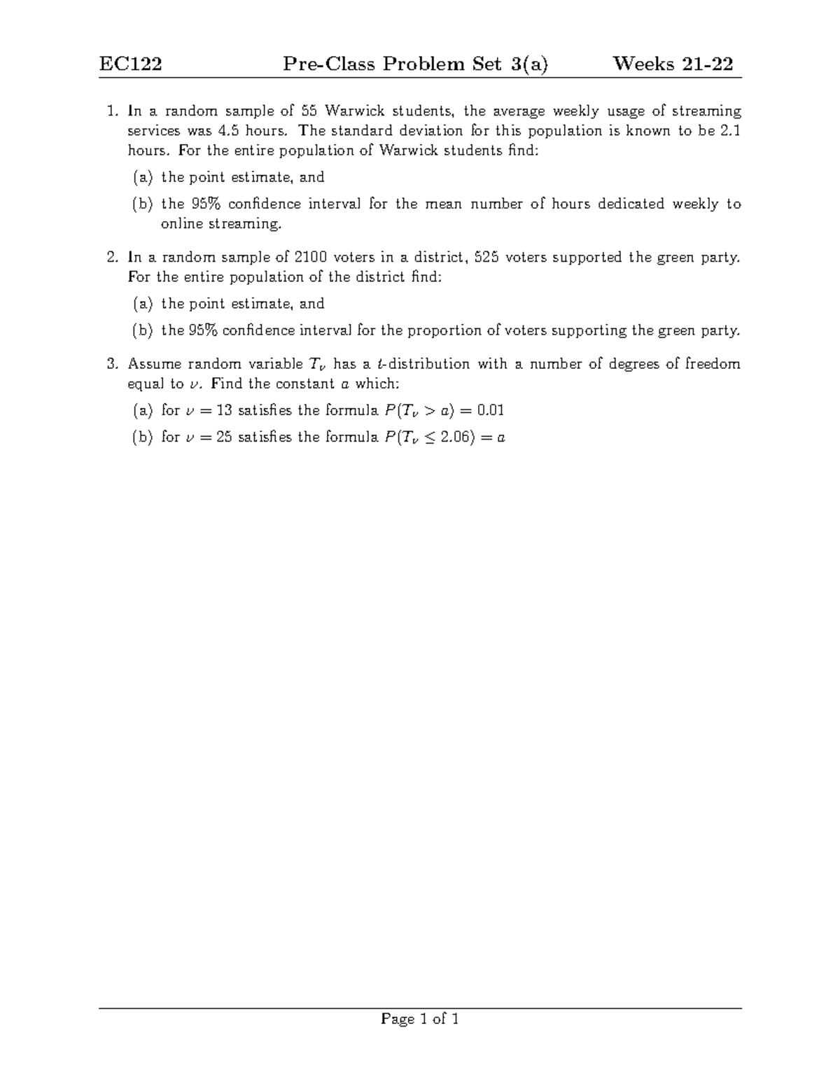 Problem Set 3a - The Standard Deviation For This Population Is Known To ...