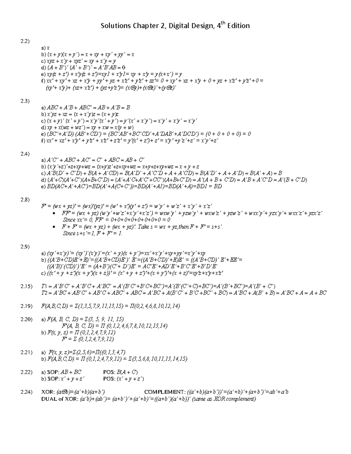 Solutions Chapter 2, Mano's 4th - Solutions Chapter 2, Digital Design ...