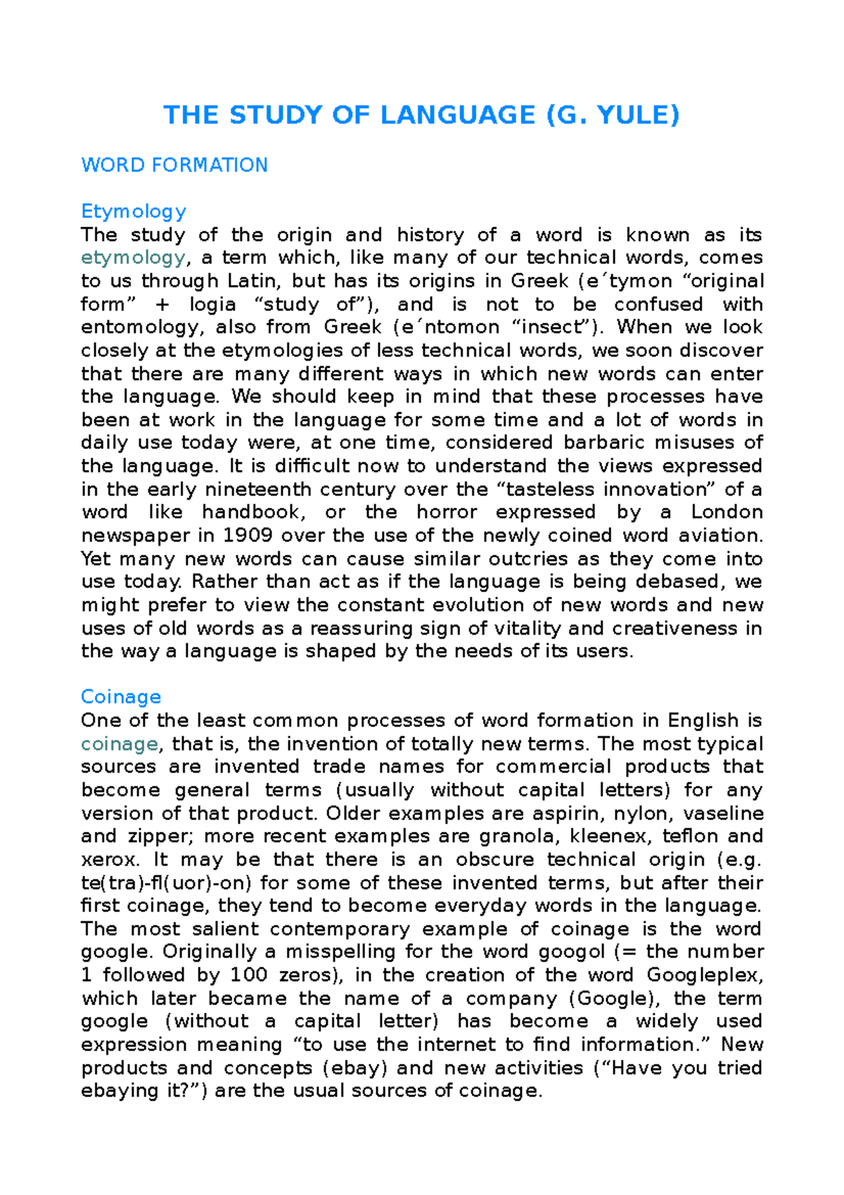 Yule word formationmorphology THE STUDY OF LANGUAGE (G. YULE) WORD