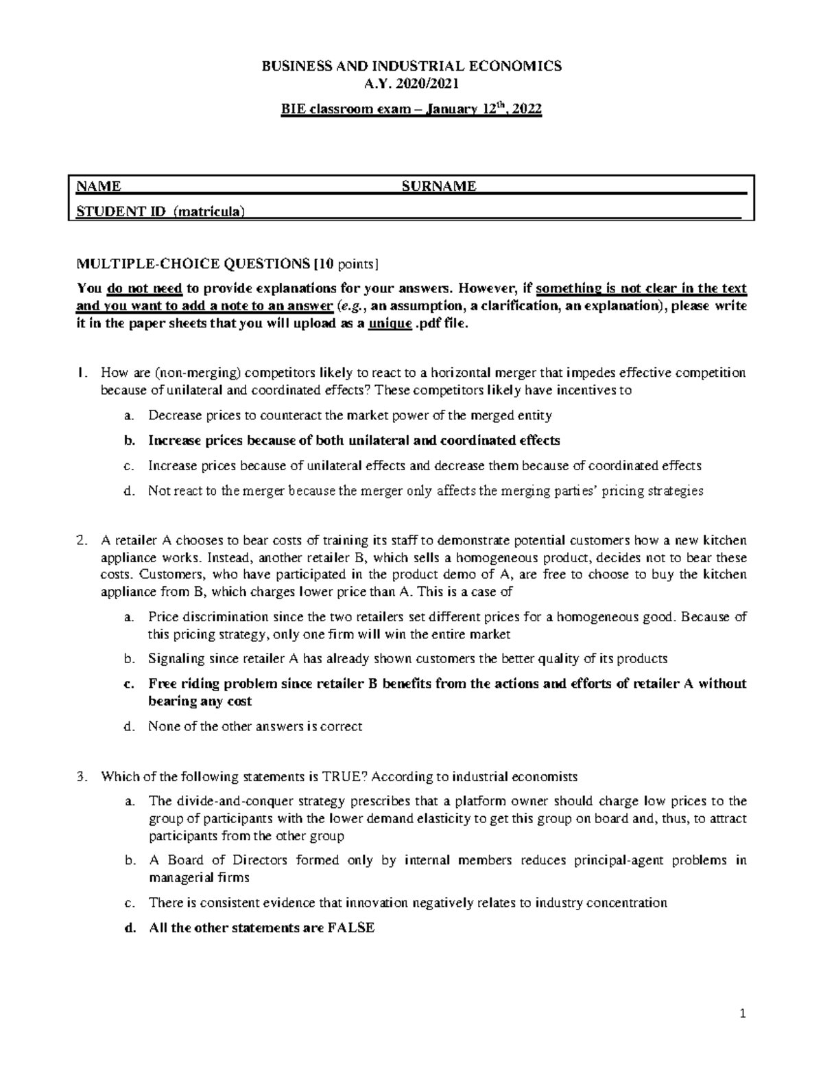 Exam Jan 12th 2022 multiple choice - exercises solution - BUSINESS AND ...