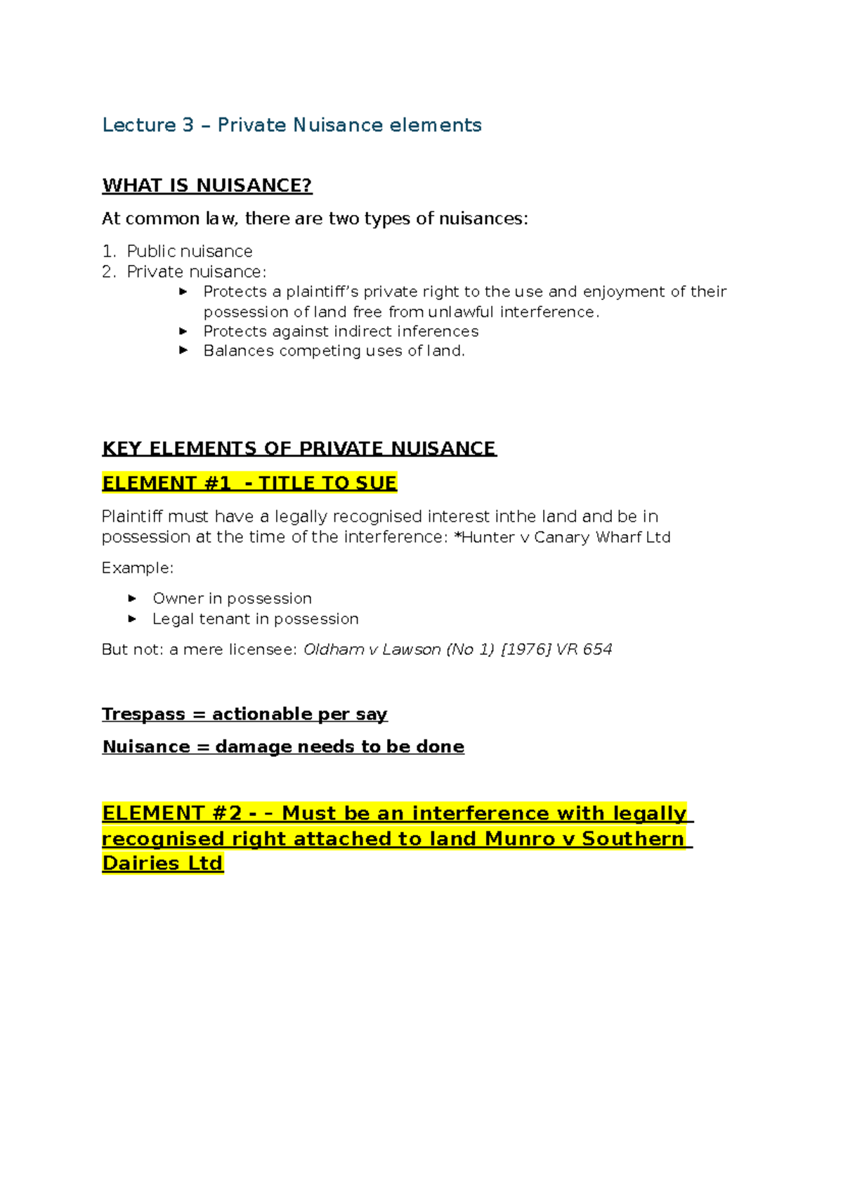 Private Nuisance Elements Lecture 3 Private Nuisance Elements What
